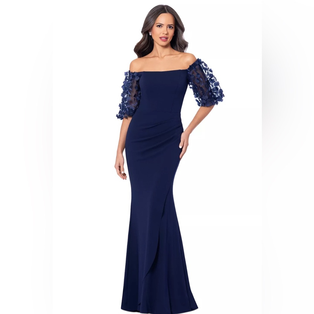 Xscape Navy Blue Off-Shoulder Maxi Dress